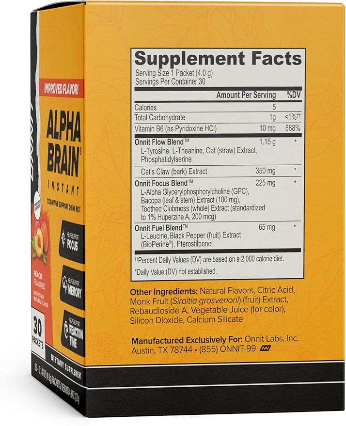 ONNIT Alpha Brain Instant Cognitive Support Drink Mix Nootropic Supplement for Focus Memory and Clarity Peach Flavor 0.13 oz Packets 30 Count