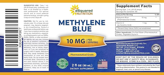 aSquared Nutrition Methylene Blue Drops - 1% Pharmaceutical Grade Liquid Supplement for Humans - 10mg USP Grade w/Vitamin C - No Formaldehyde - Brain &amp Energy Alternative to Capsules (2 fl oz)