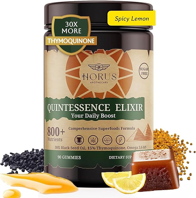 Horus Quintessence Elixir Black Seed Oil Gummies – Cold-Pressed Bee Pollen Date Palm Extract – Immune &amp Vitality Support – Sugar-Free – Made in USA – 90 Count