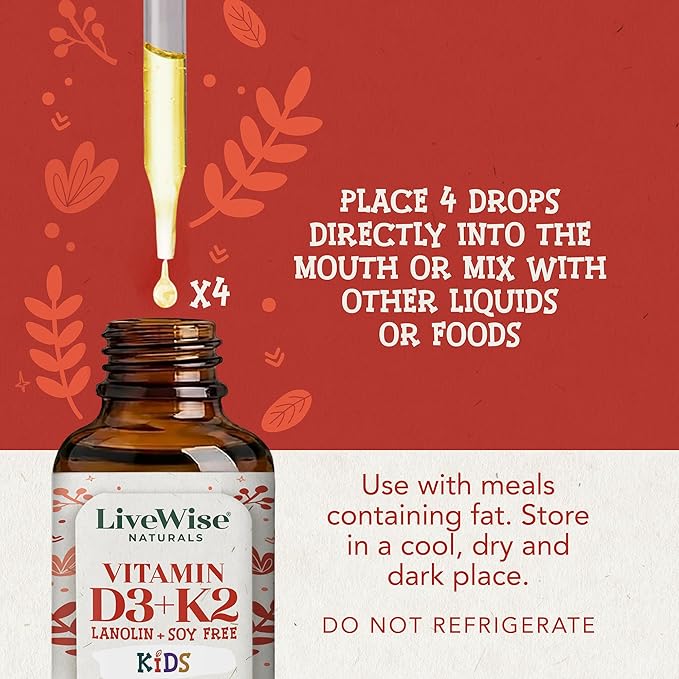 Live Wise Naturals Vitamin D3 K2 Kids Liquid Drops - 112 Servings Ultra Concentrated Formulation Fast Absorption 800 IU &amp 35 MCG for Calcium &amp Bone Support - Daily Nutritional Support Parent
