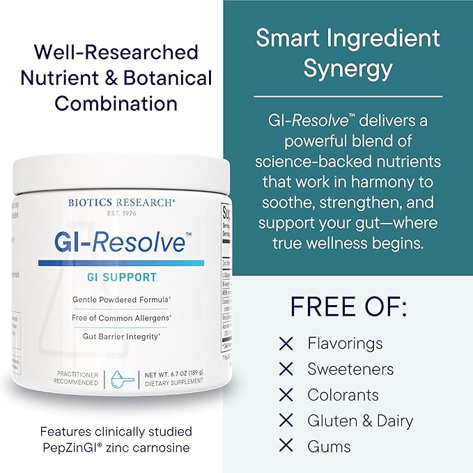 Biotics Research GI Resolve™ Advanced L-Glutamine Powder Formula for Gut Lining Support &amp Healing - Optimal Gastrointestinal Function - Premium 7-Ingredient with Zinc Carnosine &amp Botanicals- 6