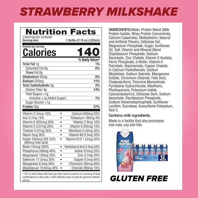 Pure Protein Strawberry Protein Shake 30g Complete Protein Ready to Drink and Keto-Friendly Vitamins A C D and E plus Zinc to Support Immune Health 11oz Bottles 12 Pack