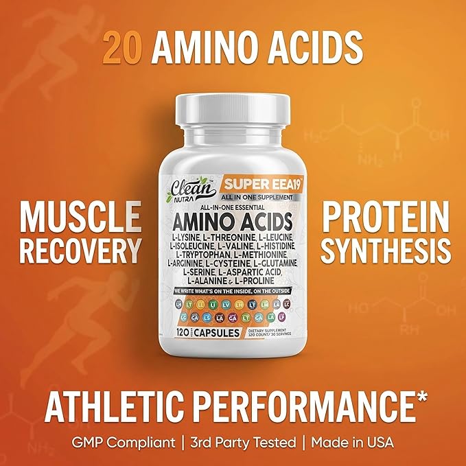Clean Nutraceuticals Amino Acids Supplement L-Lysine L-Threonine L-Leucine Isoleucine Valine L-Histidine L-Tryptophan L-Methionine L-Arginine L-Cysteine L-Glutamine L-Serine Aspartic Acid