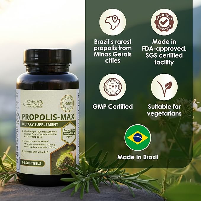 Rawleigh Propolis Max: 60 Vegetarian Softgels - Brazilian Green Propolis with Phenolic Flavonoid &amp Artepillin C Compounds &amp Vitamin E - Supports Immunity Wellness