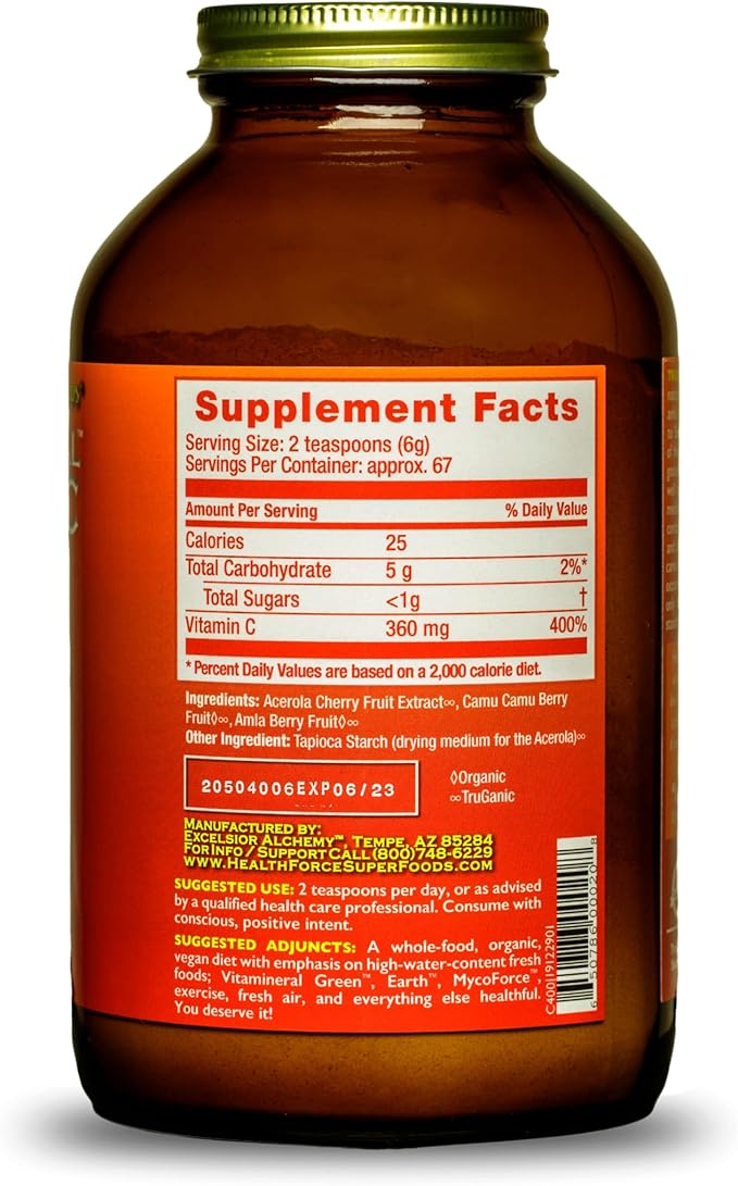 HEALTHFORCE SUPERFOODS Truly Natural Vitamin C - Immune Support Supplement with Camu Camu Berry - Vitamin C Supplement for Immune Health - Vegan Non-GMO - 400 Grams 67 Servings