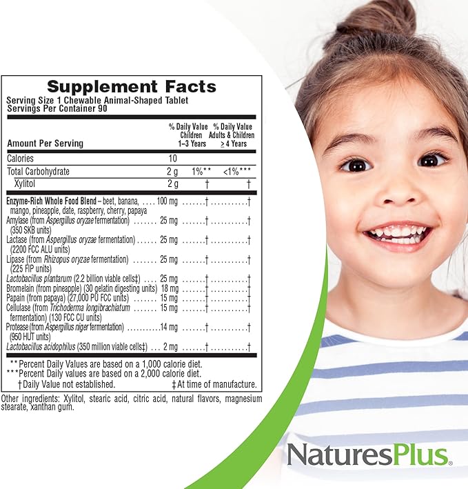 NaturesPlus Animal Parade Tummy Zyme Children’s Chewable Tropical Fruit Flavor - 90 Animal-Shaped Tablets - Contains Live Probiotics - Vegetarian Gluten Free Sugar Free - 90 Servings