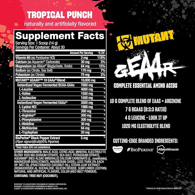 Mutant GEAAR - 9.4g of EAA Powder + Arginine 7g BCAAs 4g Leucine Electrolytes Coconut Water 30 Servings - Fruit Punch
