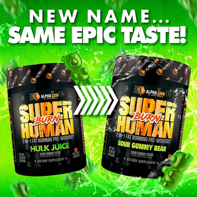 ALPHA LION Superhuman Burn 2 in 1 Metabolism Booster Pre Workout and Men's Thermogenic Fat Burner Sour Gummy Bear (Hulk Juice) Package Varies