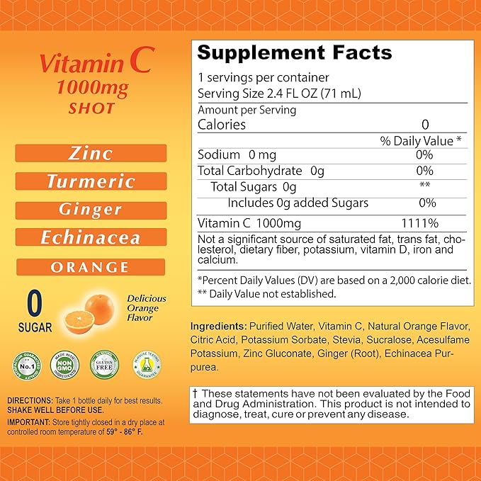 ALFA VITAMINS Vitamin C Shot 1000mg with Zinc Ginger &amp Echinacea – Supports Immune Health &amp Daily Wellness – Orange Flavor – 2.4 FL Oz Bottle – 20 Pack