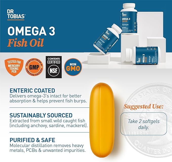 Dr. Tobias Omega 3 Fish Oil 2000mg Triple Strength with 800mg EPA 600mg DHA Per Serving | Fish Oil Omega 3 Supplements for Heart Brain &amp Immune Support - 90 Softgels (45 Servings)