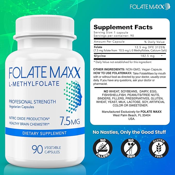 L Methylfolate 7.5mg – Methylfolate Supplement for Women &amp Men – High Potency Methylated Vitamin B9 5-MTHF for Energy Mood &amp Focus – Non-GMO Gluten-Free 90 Capsules (3-Month Supply)