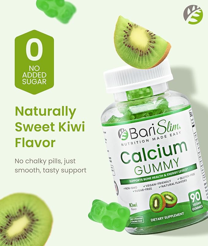 BariSlim Bariatric Calcium Gummies - Specially Formulated Bariatric Vitamins for Patients After Weight Loss Surgery - Supports Energy Levels &amp Bone Health | Kiwi (90 Vegan Gummies)