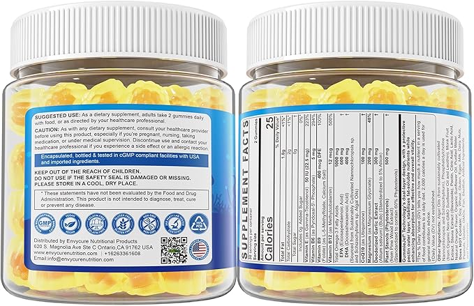Vegan Omega-3 Gummies 1000mg +CoQ10+Magnesium- EPA 600mg &amp DHA 400mg Fish Oil Omega 3 Supplements Alternative for Women Men Adults- Liposomal Form -Algae- Plant Sterols GarlicB6B9 B12 Sugar