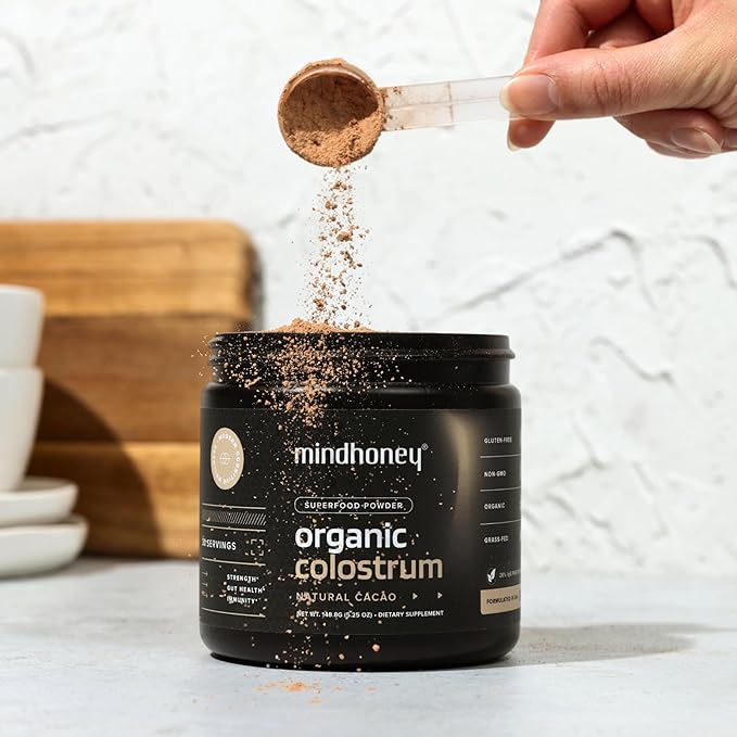 MINDHONEY Organic Colostrum | Premium Cacao Flavored Superfood Powder | Gut Health &amp Immunity Skin &amp Hair Anti-Aging Performance &amp Recovery | Grass-Fed Pasture-Raised | 30 Servings