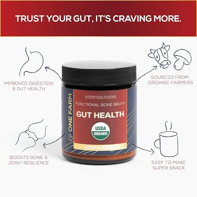 One Farm Superfood Powder Gut Health Organic Gut Soothing Blend and Prebiotic Blend Non-GMO Prebiotics with Bone Broth Turkey Tail Mushroom Slippery Elm and Marshmallow Root for GI Health