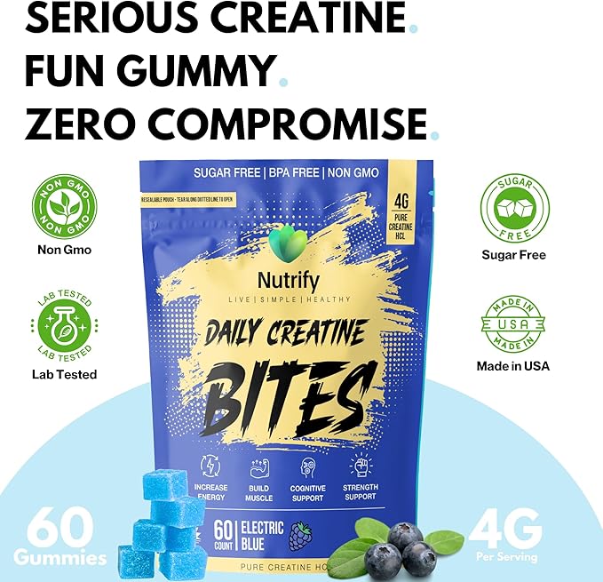 Nutrify Daily Creatine Gummies for Women and Men - 4g Creatine Monohydrate per Serving for Muscle Growth &amp Recovery - Sugar-Free Low-Calorie with Vitamin B12 for Energy Boost (Electric Blue)