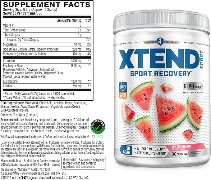 Xtend Sport BCAA Powder Watermelon - Electrolyte Powder for Recovery &amp Hydration with Amino Acids - 30 Servings