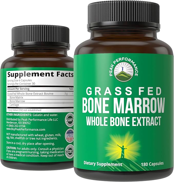 Peak Performance Grass Fed Bone Marrow - Whole Extract Supplement 180 Capsules - Superfood Pills Rich in Collagen Vitamins and Amino Acids - from Matrix Cartilage - Ancestral Tablets