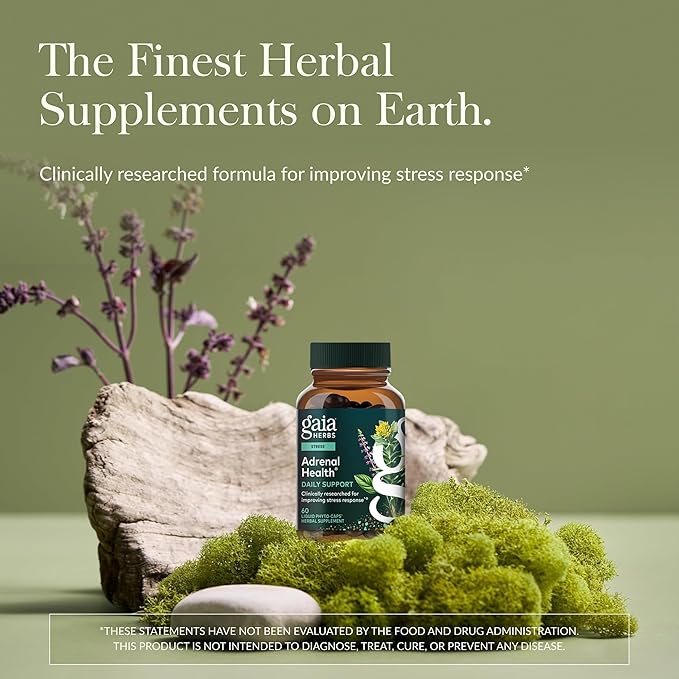 Gaia Herbs Adrenal Health Daily Support - Herbal Supplement with Ashwagandha Holy Basil &amp Schisandra - Help Maintain Healthy Energy &amp Stress Levels* - 60 Vegan Liquid Phyto-Caps (30 Servings)