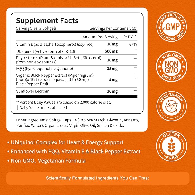 CoQ10 600 mg Softgels – Ubiquinol Coq 10 High Absorption Coenzyme Q10 &amp CoQ-10 Supplement for Energy Heart &amp Antioxidant Support 120 Count