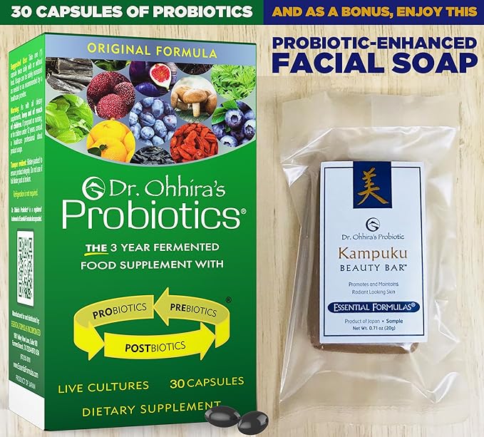 Dr. Ohhira's Probiotics Original Formula 30 Capsules with Bonus Probiotic-Enhanced Beauty Bar Soap Travel Size 20g - No Refrigeration Supplement for Women and Men 13 Probiotic Strains
