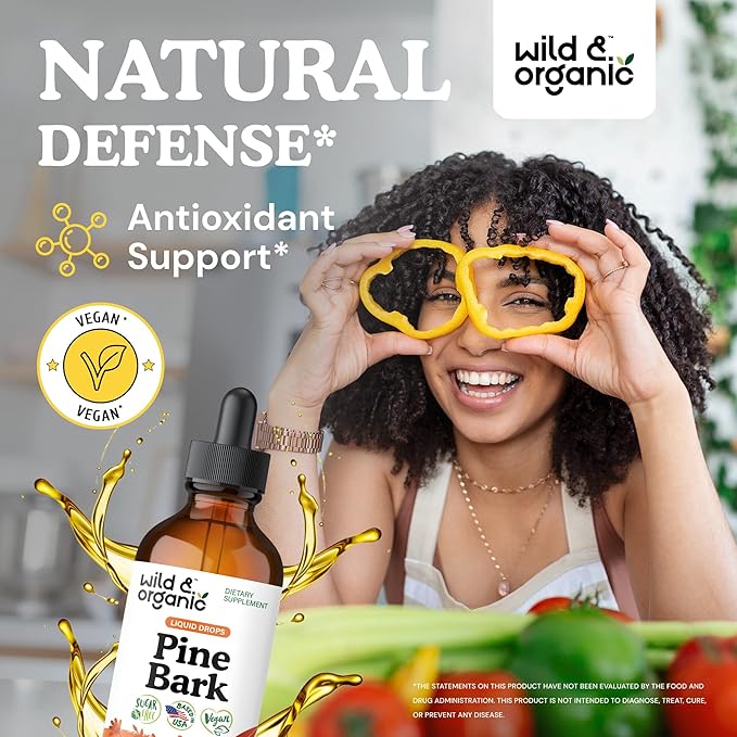 Wild &amp Organic Pine Bark Drops - Antioxidant Support - French Maritime Pine Bark Extract Tincture - 5-Month Supply - Pinus Pinaster Supplement - Vegan Sugar &amp Alcohol-Free - 4 fl oz