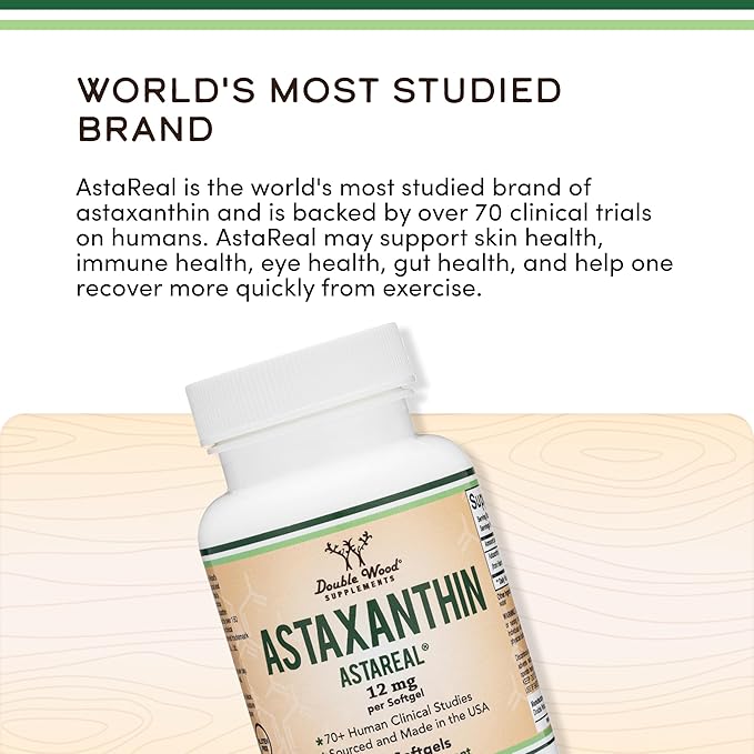 Astaxanthin - Triple Strength 12mg (Only Patented Astaxanthin (Astrareal) with 70+ Human Clinical Trials) Grown Harvested and Made in The USA (Astaxantina) by Double Wood