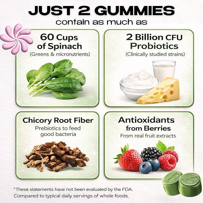 Kiala Nutrition Super Greens Gummies with 11x Organic Greens Pre Post &amp Probiotics Antioxidants Multivitamin Fiber Supplement Supports Gut Health &amp Digestion Dairy Free Vegetarian 60 C