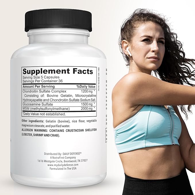 Joint Defense Glucosamine with Chondroitin &amp MSM Triple Strength Joint Support for Men &amp Women’s Mobility &amp Flexibility - 180 Capsules Made in the USA