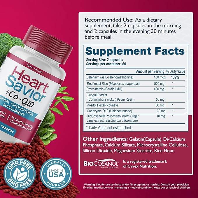 HeartSavior Natural Cholesterol Support Supplement with Red Yeast Rice CoQ10 Plant Sterols &amp Niacin Blend - 7-Ingredient Healthy Formula for Men &amp Women - Made in USA Non-GMO (120 Capsules