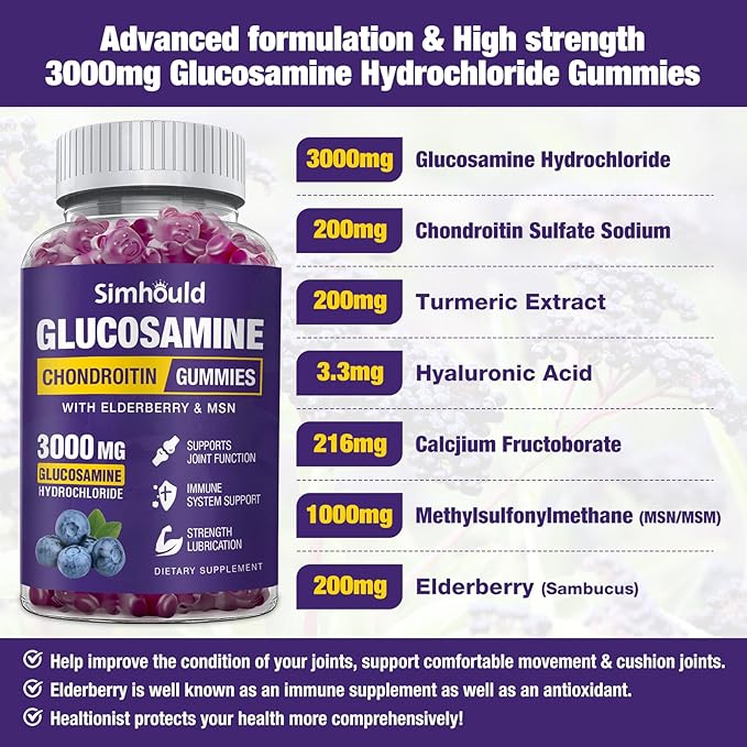 Simhould 3 Packs Glucosamine Chondroitin Gummies - 3000MG Extra Strength Joint Support Supplement with MSM &amp Elderberry Flexibility Antioxidant Immune Support Gummy for Adults Men &amp Women
