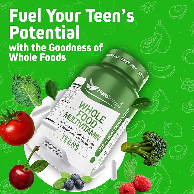 Herbtonics Whole Food Teen Vitamins for Energy Focus &amp Immune Support - Multivitamin for Teenage Boys &amp Girls (12-18) with Real Superfoods - Vegan Plant Based Non-GMO - 60 Easy Swallow Caps