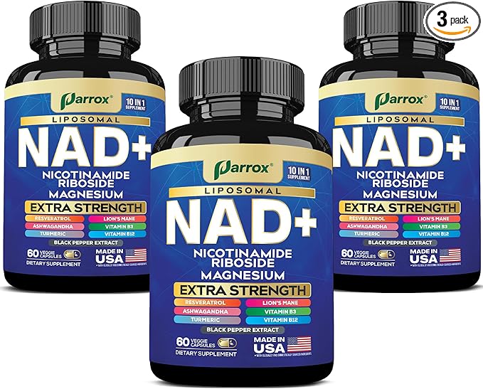 NAD+ Supplement with Liposomal NAD+ Nicotinamide Riboside Magnesium Vitamin B3 &amp B12 Resveratrol Turmeric Ashwagandha Lion’s Mane10-in-1 Extra Strength (3 Pack)