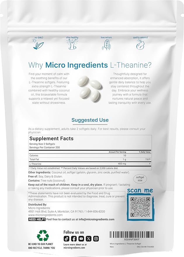 Micro Ingredients L-Theanine 400mg 400 Softgels | Highly Bioavailable with Coconut Oil | Extra Strength Theanine Amino Acid | Calm &amp Relaxation Support + Focus Supplement | Non-GMO Gluten Free