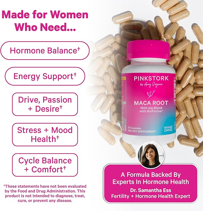 Pink Stork Maca Root Capsules for Women – Organic Maca with BioPerine® for Hormonal Balance Energy + Wellness – Supports Perimenopause Menstrual Health and Vitality