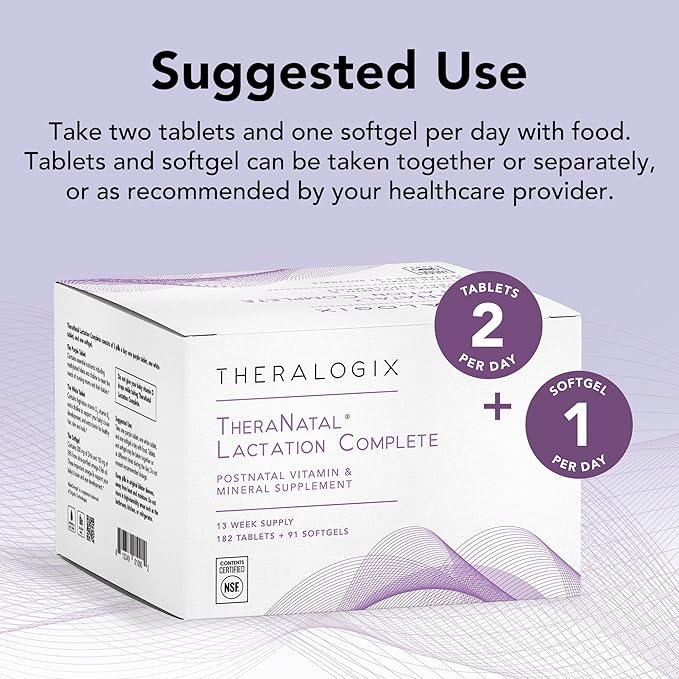 Theralogix TheraNatal Lactation Complete Postnatal Vitamin Supplement - 13-Week Supply - Breastfeeding Supplement for Women - NSF Certified - 182 Tablets &amp 91 Softgels