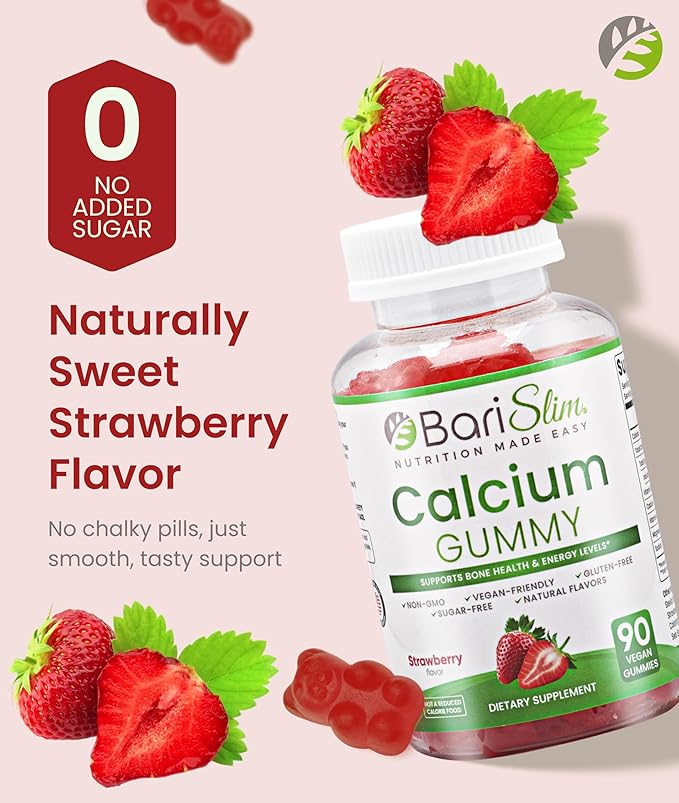 BariSlim Bariatric Calcium Gummies - Specially Formulated Bariatric Vitamins for Patients After Weight Loss Surgery - Supports Energy Levels &amp Bone Health | Strawberry (90 Vegan Gummies)