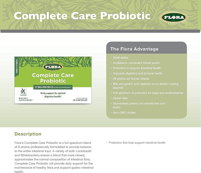 Flora - Shelf-Stable Complete Care Probiotic with 34 Billion CFU Contains Lactobacillus and Bifidobacterium Strains Non GMO Strains Gluten Free 30 Vegetarian Capsules