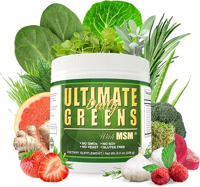 Daily Health Ultimate Greens with MSM Powder Vegan Friendly Natural Ingredients Gluten Soy Free NO GMO Superfood Vegetable Nutritional Drink Alkalizing Energy 8oz 1 Pack (1 Month Supply)