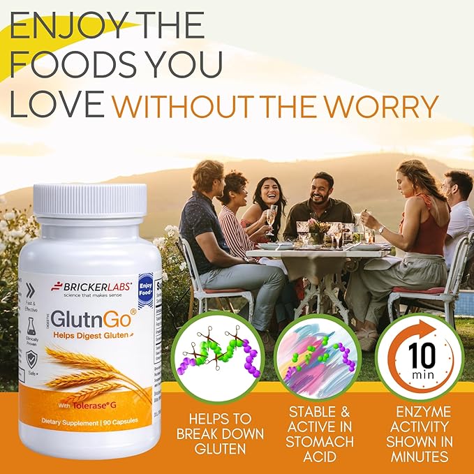 Bricker Labs GlutnGo Gluten Digestive Enzyme with Tolerase G 100mg – Supports Gluten Digestion &amp Digestive Comfort 90 Capsules