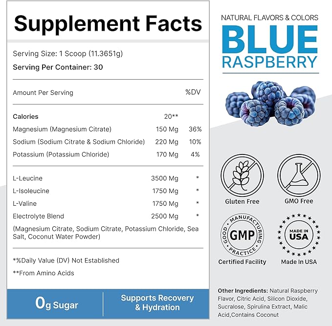 BCAA Powder + HYDRATION Electrolyte Formula | 7G BCAA 2.5G Electrolytes per Serving | Muscle Recovery &amp Support | Non-GMO Gluten Free Keto Friendly Zero Sugar | Natural Flavor | 30 Servings |