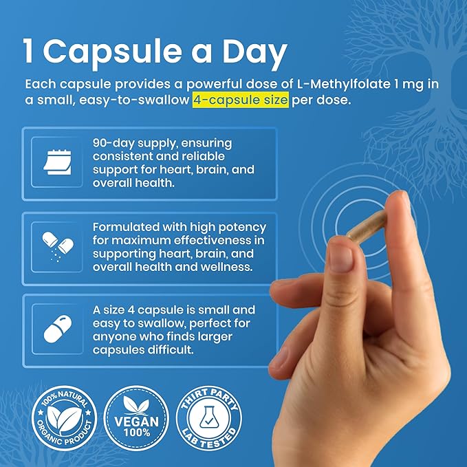 L Methylfolate 1mg | 180 Capsules | Optimized &amp Highly Bioactive Methyl Folate Supplement | 5-MTHF Supports for Energy Focus &amp Mood | Non-GMO Gluten Free Vegan | 6 Month Supply