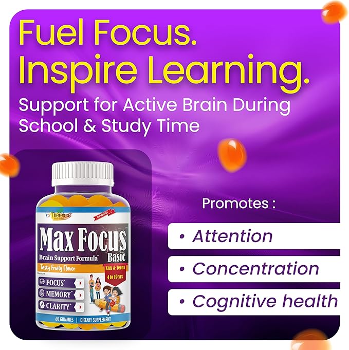 Max Focus Gummies for Kids &amp Teens with Omega 3 DHA – Brain Focus Supplement for Kids Memory Attention Concentration &amp Clarity Support – Delicious Orange Flavor – 60 Gummies