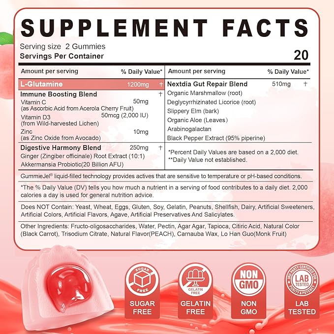 L-Glutamine 1200mg Gut &amp Immune Support GummiesLeaky Gut Repair Supplement with Slippery ElmMarshmallow RootGinger RootArabinogalactanOrganic AloeVitamin CVitamin D3ZincSugar-Free | 120 C