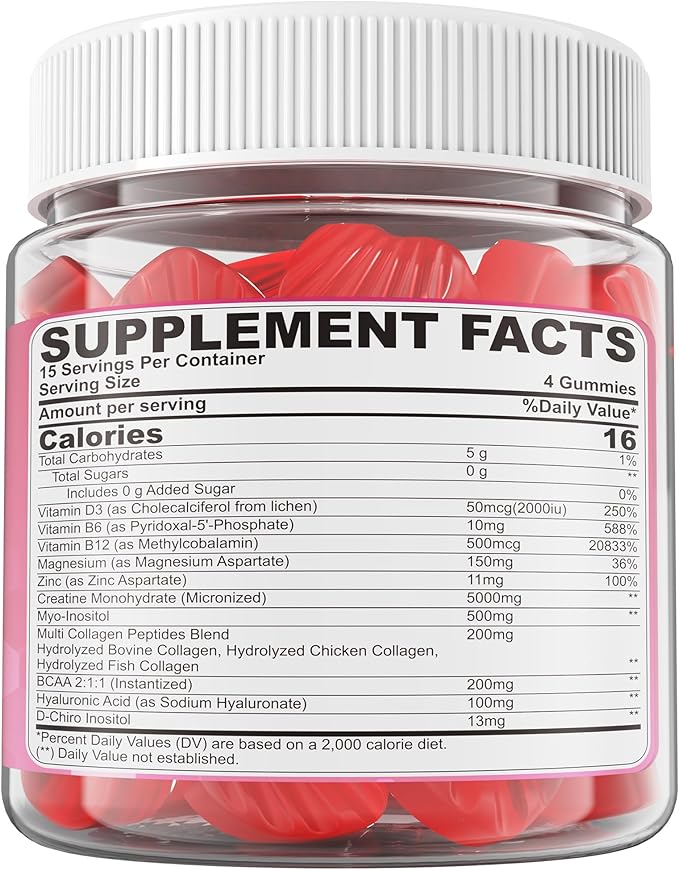 Creatine for Women Gummies Micronized Creatine Monohydrate + Myo-Inositol Collagen Peptides BCAAs Hyaluronic Acid Vitamin B6 B12 Zinc for Enërgy Föcus Hörmonal Balance Sugar Free 120 Counts