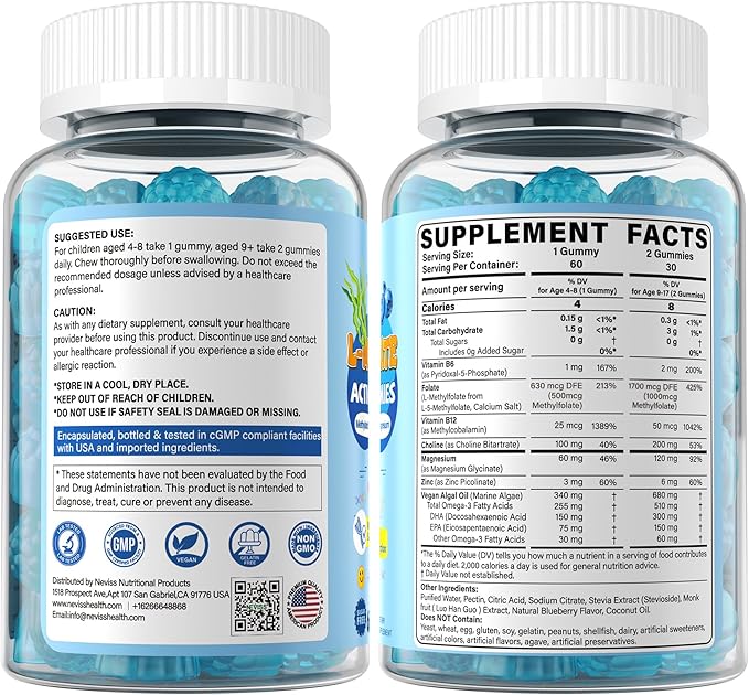 L Methylfolate 1000mcg for Kids Teens Gummies + Methyl B6 B12 Active 5-Mthf Methyl Folate MTHFR Supplement w/ Choline Omega-3 Magnesium Zinc for Focus Cognition Mood Energy Sugar Free Vean 120Cts