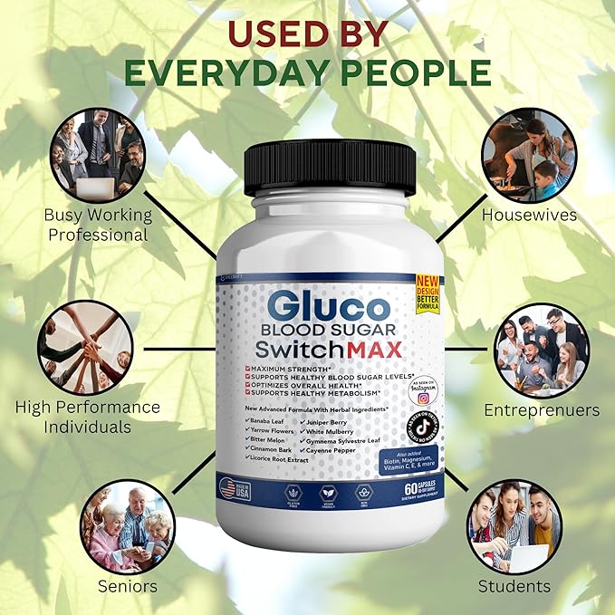 Gluco Blood Sugar Switch Max All Natural Formula to Maintain Healthy Levels Maximum Strength Daily Formula 2 Pack 120 Capsules