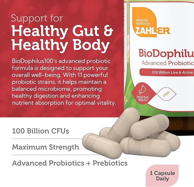 Zahler BioDophilus100-100 Billion Probiotic - 100 Billion CFU 11-Strain Gut Health Probiotic Supplement - Prebiotics/Probiotics for Digestive Health Probiotics for Women and Men. (30 Ct)