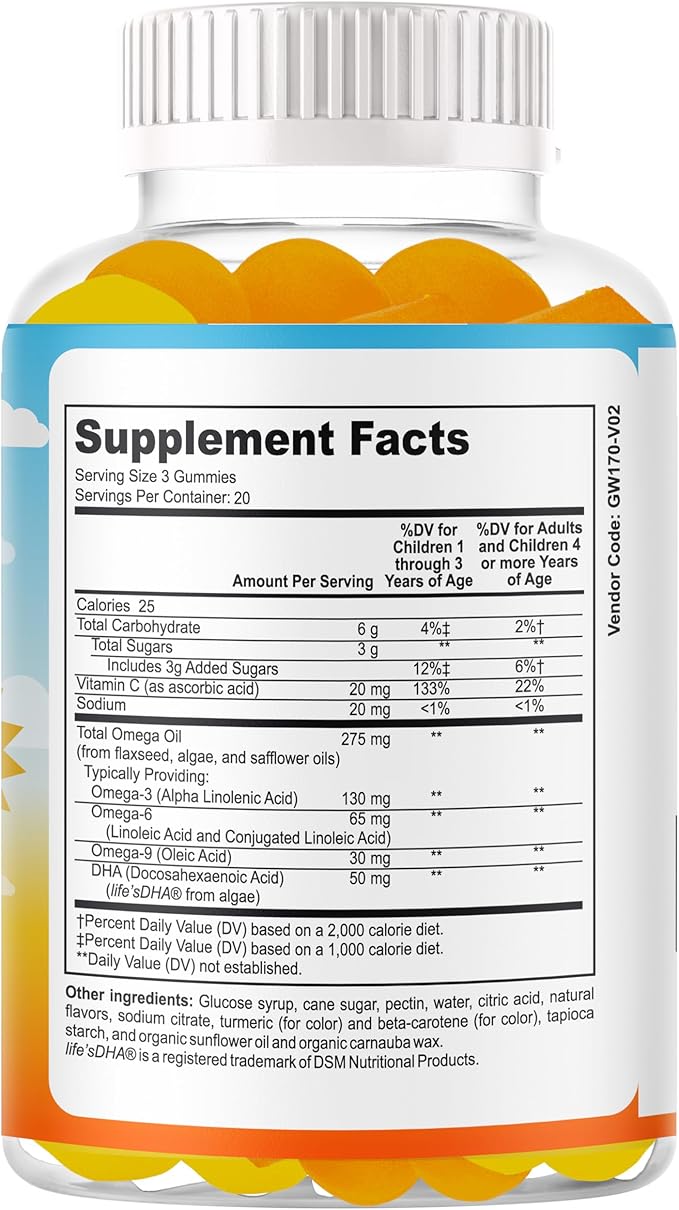 Kidz IQ Focus Gummies for Kids &amp Teens Omega 3 DHA Brain Vitamins for Kids Brain Supplements for Memory and Focus Orange Flavor Non-GMO Gluten-Free – 60 Gummies