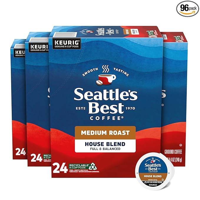 Seattle’s Best Coffee Medium Roast K-Cup Coffee Pods House Blend 100% Arabica 4 Boxes (96 Pods Total)